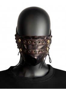 Brown PU Leather Strap Eyelet Zipper Skull Decoration Punk Style Mask