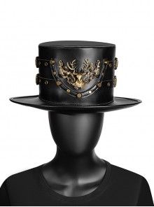 Black Plague Doctor PU Leather Metal Deer Head Decoration Punk Style Unisex Top Hat