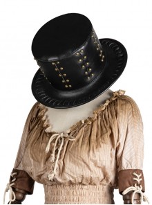 Plague Doctor Black PU Perforated Rope Metal Stud Punk Unisex Leather Top Hat