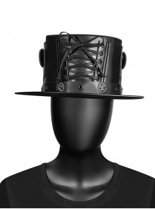 Black Unisex PU Tie Rope Alloy Eagle Pattern Decoration Punk Style Top Hat