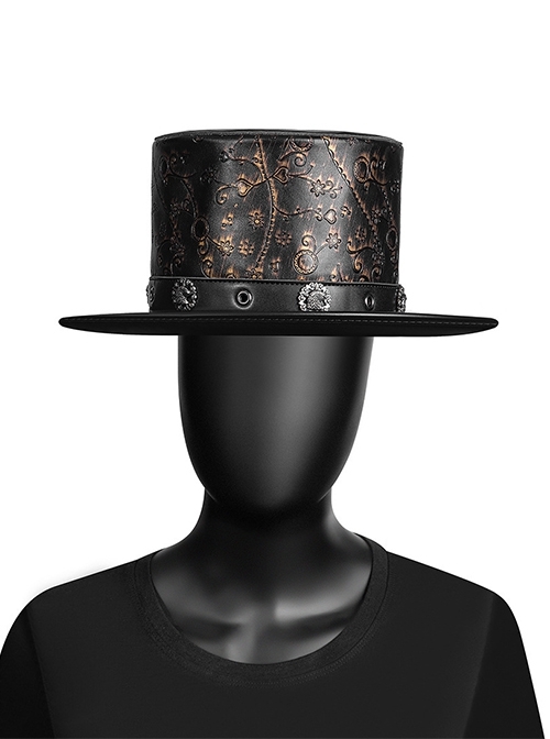 Plague Doctor Black PU Leather Peach Heart Print Pattern Punk Style Retro Hat