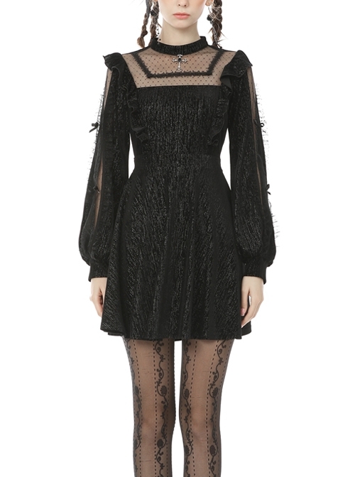 Lace See-Through Square Neck Cross Pendant Long Sleeves Black Gothic Dress