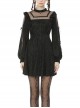 Lace See-Through Square Neck Cross Pendant Long Sleeves Black Gothic Dress