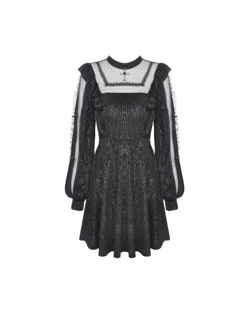 Lace See-Through Square Neck Cross Pendant Long Sleeves Black Gothic Dress