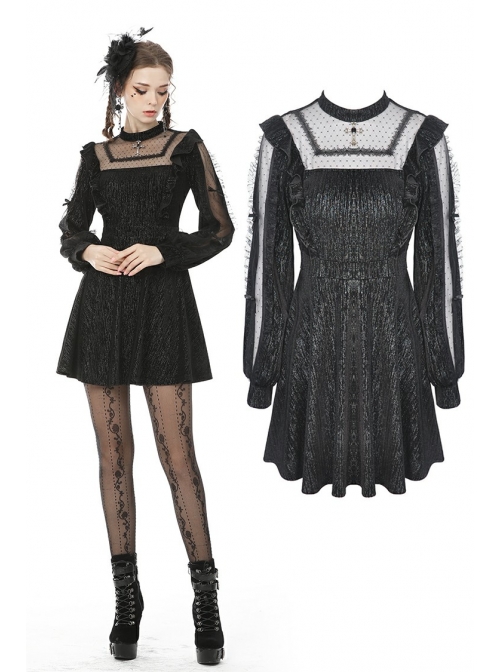Lace See-Through Square Neck Cross Pendant Long Sleeves Black Gothic Dress