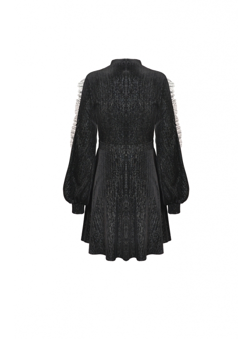 Lace See-Through Square Neck Cross Pendant Long Sleeves Black Gothic Dress