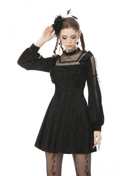 Lace See-Through Square Neck Cross Pendant Long Sleeves Black Gothic Dress