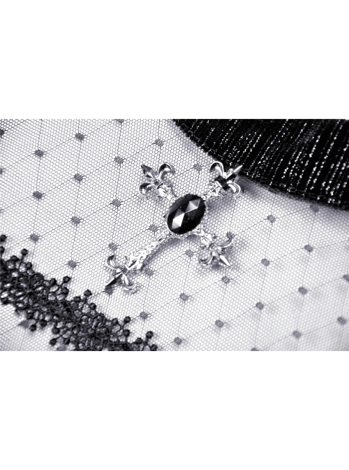 Lace See-Through Square Neck Cross Pendant Long Sleeves Black Gothic Dress