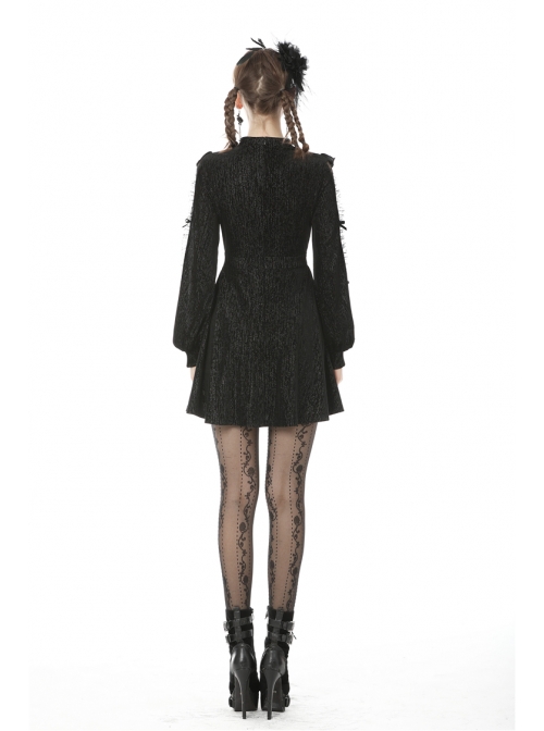 Lace See-Through Square Neck Cross Pendant Long Sleeves Black Gothic Dress