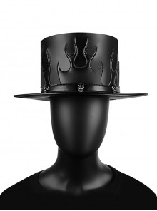 Black PU Leather Personalized Flame Print Skull Punk Style Unisex Top Hat