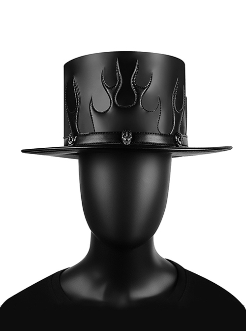 Black PU Leather Personalized Flame Print Skull Punk Style Unisex Top Hat
