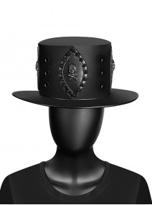 Handsome Black PU Leather Flat Top Metal Rivets Skull Pattern Punk Style Unisex Hat