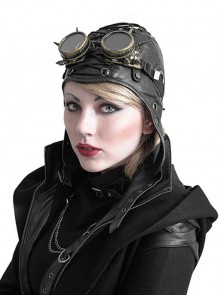 Black PU Leather Unisex Tie Rope Perforated Punk Style Flight Hat