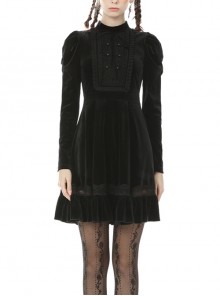 High Collar Chest Frill Button Long Sleeves Lace Stitching Hem Black Gothic Velvet Dress