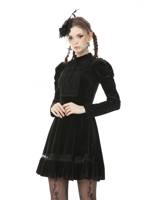 High Collar Chest Frill Button Long Sleeves Lace Stitching Hem Black ...