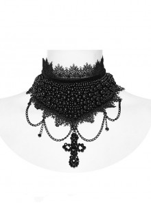 Black Sexy Ornate Cross Bead Gothic Fiber Beaded Necklace