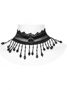 Black Sexy Mesh Ribbon Rose Lace Pearl Pendant Decorated Gothic Style Tassel Necklace