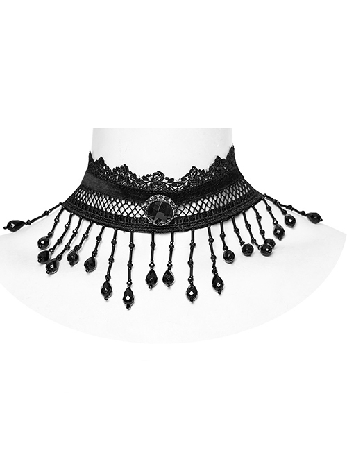 Black Sexy Mesh Ribbon Rose Lace Pearl Pendant Decorated Gothic Style Tassel Necklace