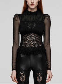 Sexy Black Lace Panel Mesh Stand Collar Rose Button Gothic Long Sleeve Shirt