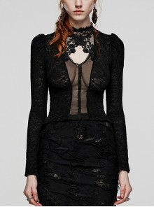 Black Lace Print Rose Trim Stand Collar Gothic Sheer Long Sleeve Shirt
