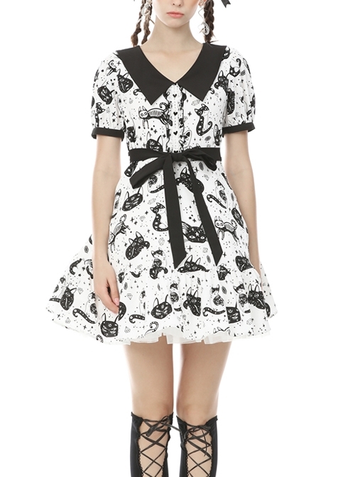 Doll Collar Button Bow Lace-Up Waisted Black Cat Printed White Gothic Dress