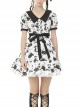Doll Collar Button Bow Lace-Up Waisted Black Cat Printed White Gothic Dress
