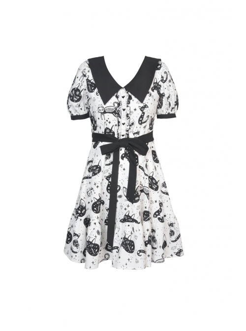 Doll Collar Button Bow Lace-Up Waisted Black Cat Printed White Gothic Dress