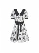Doll Collar Button Bow Lace-Up Waisted Black Cat Printed White Gothic Dress