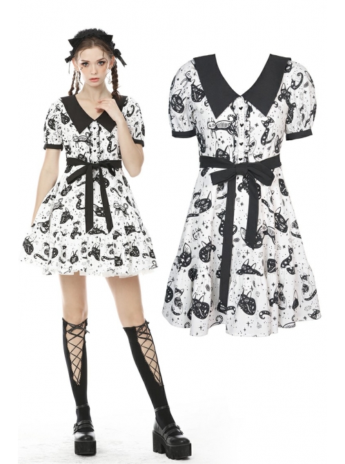 Doll Collar Button Bow Lace-Up Waisted Black Cat Printed White Gothic Dress