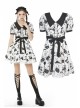 Doll Collar Button Bow Lace-Up Waisted Black Cat Printed White Gothic Dress