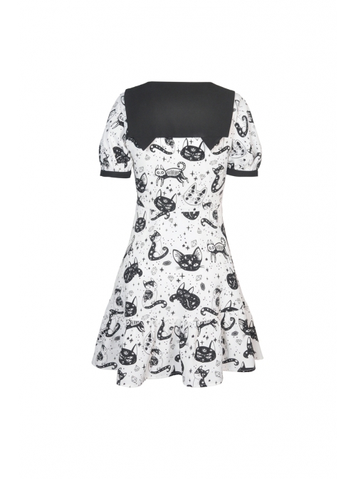 Doll Collar Button Bow Lace-Up Waisted Black Cat Printed White Gothic Dress
