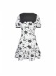 Doll Collar Button Bow Lace-Up Waisted Black Cat Printed White Gothic Dress
