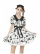 Doll Collar Button Bow Lace-Up Waisted Black Cat Printed White Gothic Dress