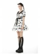 Doll Collar Button Bow Lace-Up Waisted Black Cat Printed White Gothic Dress