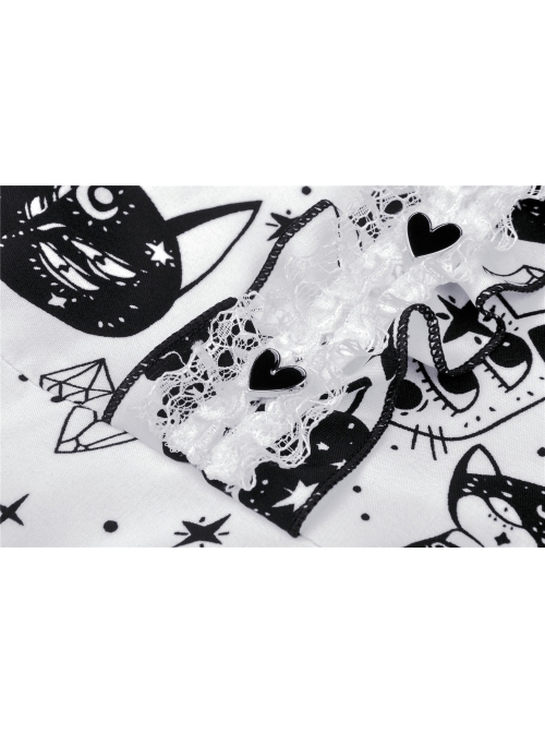 Doll Collar Button Bow Lace-Up Waisted Black Cat Printed White Gothic Dress