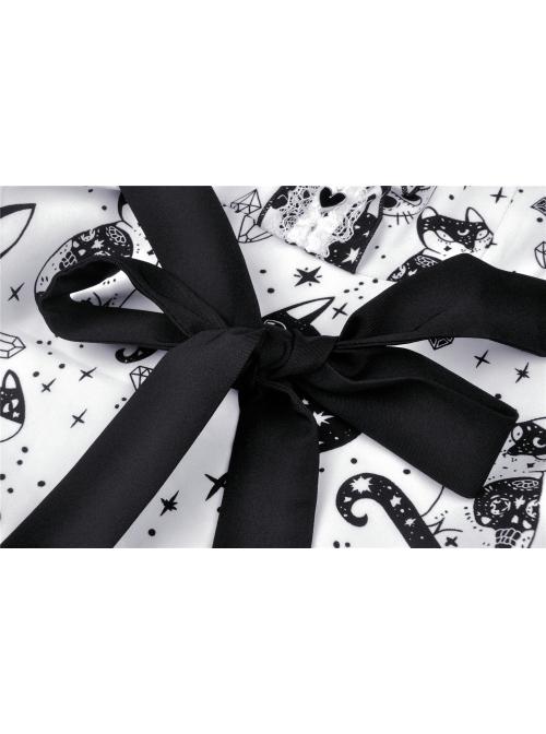 Doll Collar Button Bow Lace-Up Waisted Black Cat Printed White Gothic Dress