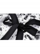 Doll Collar Button Bow Lace-Up Waisted Black Cat Printed White Gothic Dress