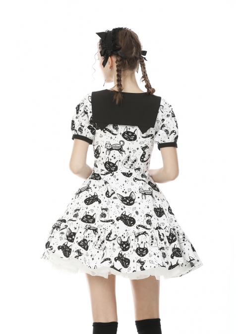 Doll Collar Button Bow Lace-Up Waisted Black Cat Printed White Gothic Dress