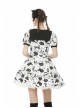 Doll Collar Button Bow Lace-Up Waisted Black Cat Printed White Gothic Dress