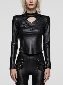 Stretch Black Rubber Pleated Sexy Hollow V-Neck Gothic Style Long Sleeve Bottoming Shirt