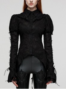 Non-Stretch Black Bubble Pattern Woven Puff Sleeve Stitching Lace Lapel Gothic Long Sleeve Shirt