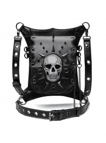 Detachable Black PU Leather Metal Rivets Skull Pattern Decoration Punk Style Waist Bag