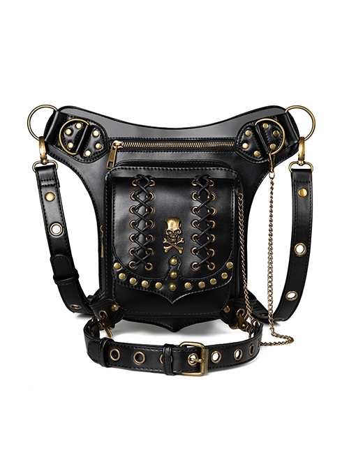 Black PU Leather Metal Rivet Lock Buckle Skull Pattern Tie Rope Decoration Punk Style Detachable Waist Bag