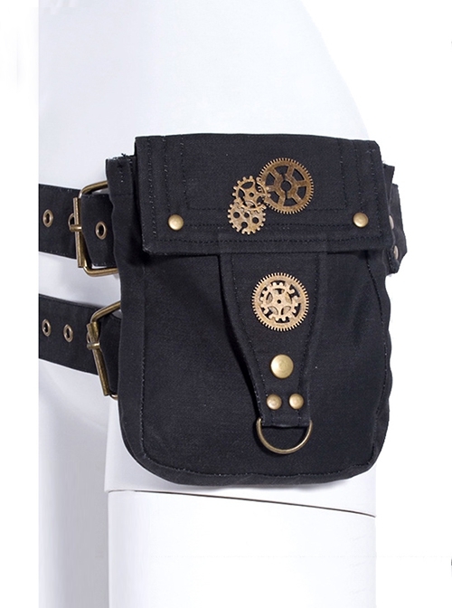 Mid-Century Vintage Black Canvas Metal Gear Trim Double Punk Women's Fanny Bag
