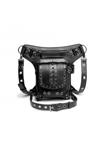 Two-Stage Detachable Black PU Leather Metal Rivet Zipper Punk Style Trendy Belt Bag