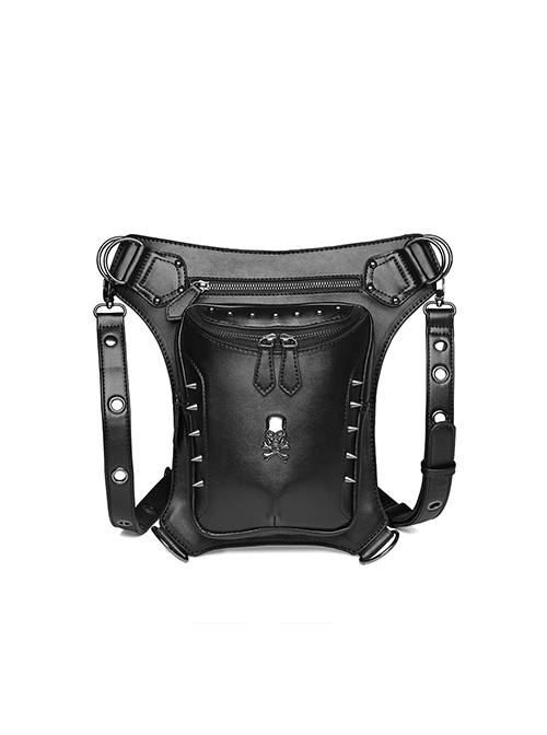 Two-Stage Detachable Black PU Leather Metal Rivet Zipper Punk Style Trendy Belt Bag
