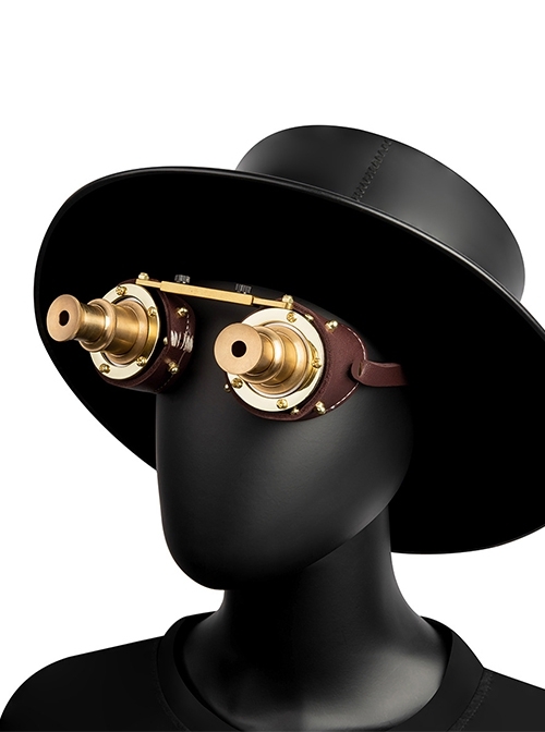 Symmetrical Exaggerated Brown Retro PU Leather Stitching Funny Metal Punk Style Industrial Goggles