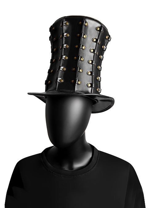 Black PU Leather Stitching Metal Rivet Tall Punk Unisex Banquet Hat