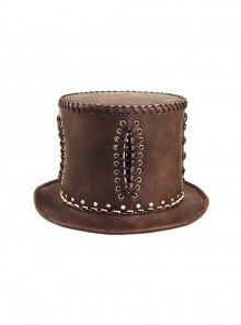 Brown Old-Feeling PU Leather Perforated Tied Rope Rivet Punk Style Unisex Top Hat