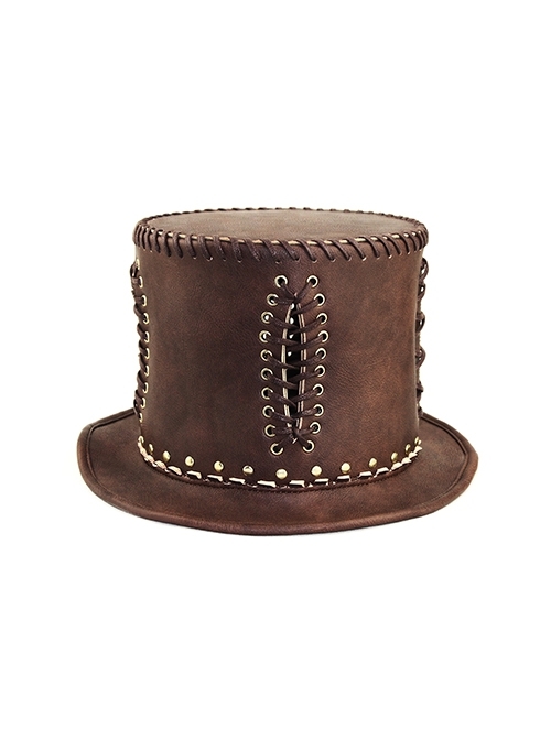 Brown Old-Feeling PU Leather Perforated Tied Rope Rivet Punk Style Unisex Top Hat